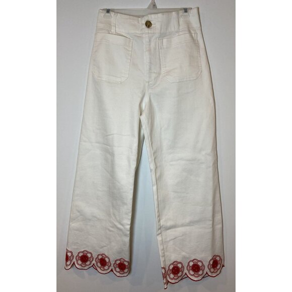 Maeve Anthropologie The Colette Jeans Wide Leg Embroidery Lace Hem Cream Red 28 - Picture 2 of 7